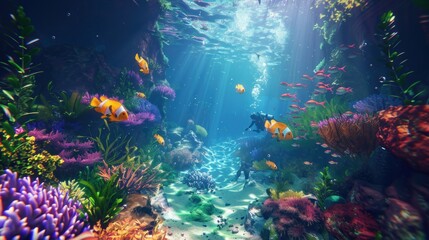 Wall Mural - Vibrant underwater scene with divers exploring a colorful coral reef teeming with fish.