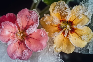 Wall Mural - A detailed view of two flowers covered in ice, great for winter or seasonal concepts