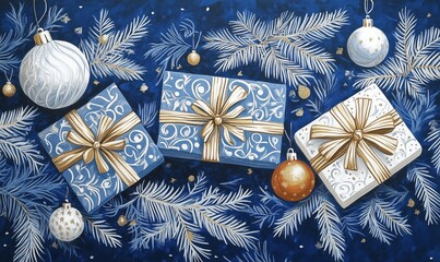 Wall Mural - Christmas gifts decorated with golden ribbons on blue background with ornaments and pine branches