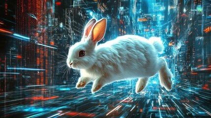 Poster - White rabbit levitates in a futuristic cityscape.