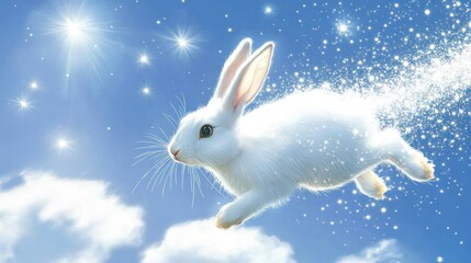 Poster - White rabbit soaring through a starry sky, magical, fluffy, whimsical.