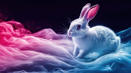 Poster - White rabbit sitting in vibrant pink and blue smoke.