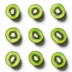 Wall Mural - Fresh Kiwi Fruit Halves Arranged in a Nine-Piece Grid on White Background