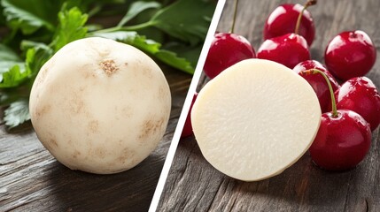 Poster - Whole and sliced turnips with fresh cherries on wooden background.