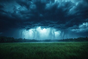 Wall Mural - A dark and ominous storm cloud approaches a lush green grassy field, with the possibility of rain or thunderstorm