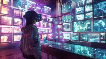 Canvas Print - Woman in VR headset explores immersive digital world filled with data visualizations and screens.