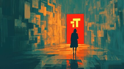 Canvas Print - Woman walks towards a red door in a surreal, geometric corridor.