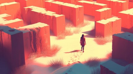 Canvas Print - Woman walks through a surreal red maze in a snowy landscape.