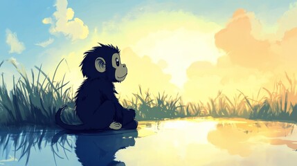 Canvas Print - Young chimpanzee sits by tranquil sunset water, reflecting on nature's beauty.