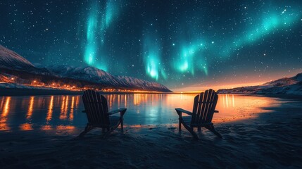 Sticker - Aurora borealis over fjord with two chairs.