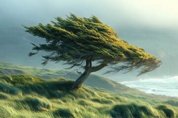 Wall Mural - a solitary tree stands tall on a lush green hill overlooking the ocean, perfect for scenic landscape
