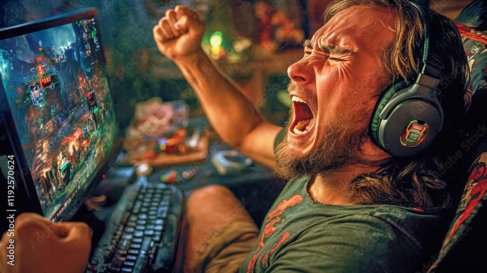 Intense gamer celebrating a victory in an immersive online match during ...