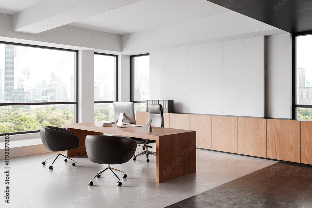 Modern office interior with contemporary furniture and large windows ...