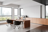 Modern office interior with contemporary furniture and large windows overlooking an urban landscape. 3D Rendering