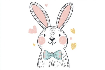 Poster - Cute illustrated rabbit with a bowtie surrounded by hearts in a cheerful setting. Generative AI