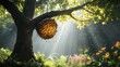 © Muhammad - A tall tree with a natural bee hive hanging from its lower branches, surrounded by forest plants and flowers.