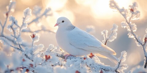 Wall Mural - White dove on frosty branch, winter sunrise. Peace, nature