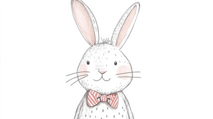 Aufkleber - Cute illustrated rabbit wearing a striped bow tie smiling joyfully in a whimsical style. Generative AI