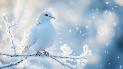 Wall Mural - White dove perched on snowy branch, winter scene