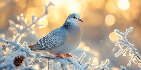 Wall Mural - Winter bird on snowy branch, golden bokeh