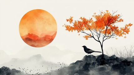 Wall Mural - Bird by tree, orange sun, mountains.