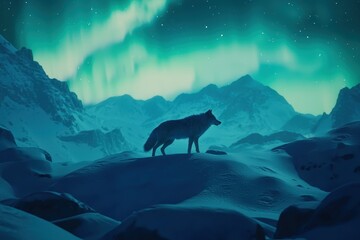 Wall Mural - A snowy landscape illuminated by the aurora borealis, silhouetting a lone arctic wolf.