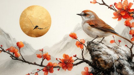 Sticker - Bird, moon, flowers art.