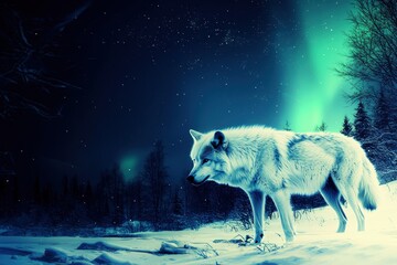 Wall Mural - A snowy landscape illuminated by the aurora borealis, silhouetting a lone arctic wolf.