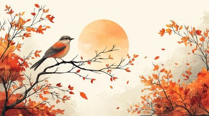 Wall Mural - Bird on tree, autumn leaves, sunset.