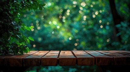 Canvas Print - Wooden table in serene green bokeh background ideal for showcasing products and nature-inspired designs in a tranquil setting