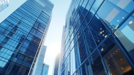 Poster - A city skyline with two tall buildings and a clear blue sky