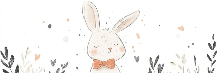 Poster - Cute rabbit illustration in a serene garden surrounded by soft foliage and gentle colors. Generative AI