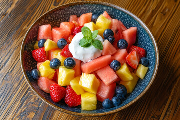 Wall Mural - Fruit salad served fresh with a yogurt topping