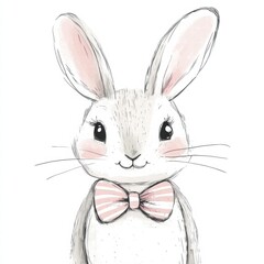 Poster - Cute illustrated rabbit wearing a pink bow tie, smiling warmly, perfect for childrens decor or storytelling material. Generative AI