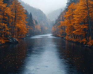 Wall Mural - Serene Autumn River Flowing Through a Golden Valley Landscape