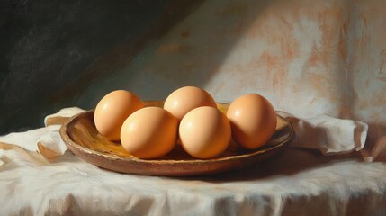 Canvas Print - Natural brown eggs arranged on a rustic wooden plate against a soft textured background in warm light