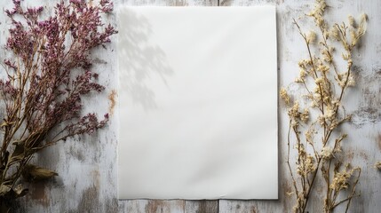 Poster - Cotton paper document with empty space for text surrounded by dried flowers on a rustic wooden background