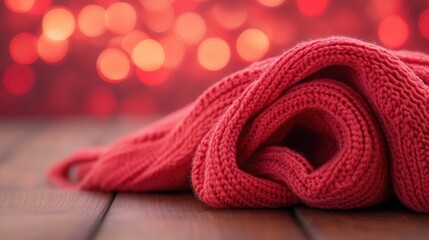Poster - Red heart-shaped cloth on wooden surface with warm bokeh background for romantic Valentine's Day decoration and celebration concept