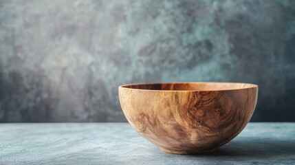 Fototapete - Artisan wooden bowl against textured background showcasing natural grains and design in a minimalist setting. Perfect for culinary visuals.