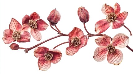 Poster - Dried dogwood flowers arranged artistically on a white background creating a delicate and natural aesthetic for decorative purposes