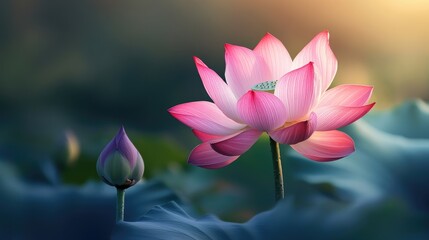 Aufkleber - Delicate pink lotus flower in soft sunlight highlighting vibrant petals Ideal for nature themes and tranquil settings