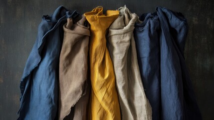 Poster - Multicolored vintage textiles arranged artistically on a dark background showcasing fabric texture and color diversity