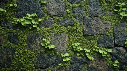 Aufkleber - Close up of a textured stone wall covered in vibrant green moss and natural plant life showcasing organic growth and natural beauty.