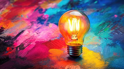 Aufkleber - Colorful retro light bulb shining brightly on vibrant multicolored abstract background symbolizing creativity and inspiration.