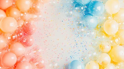 Poster - Colorful pastel balloons and confetti on a festive background for celebration themed cards or invitations top view flat lay composition