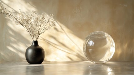 Poster - Elegant Crystal Ball and Minimalist Vase with Dried Flowers on Softly Lit Table Against Subtle Background Shadows