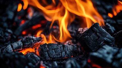 Fototapete - Closeup of Vibrant Flames Dancing Over Charred Coal Surface in Dark Background Highlighting Heat and Glowing Embers for Dynamic Fire Imagery