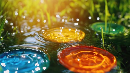 Leinwandbilder - Vibrant Colorful Round Discs Floating in Sunlit Water Surrounded by Lush Greenery