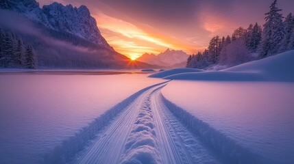 Aufkleber - Cross country ski tracks on frozen lake at sunset with mountains and forest in the background creating a serene winter landscape