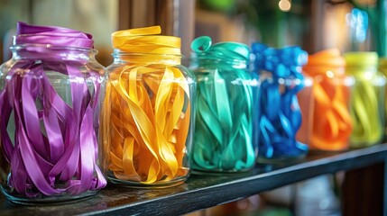 Leinwandbilder - Vibrant glass jars filled with colorful ribbons create an eye-catching decorative display on a rustic shelf setting.